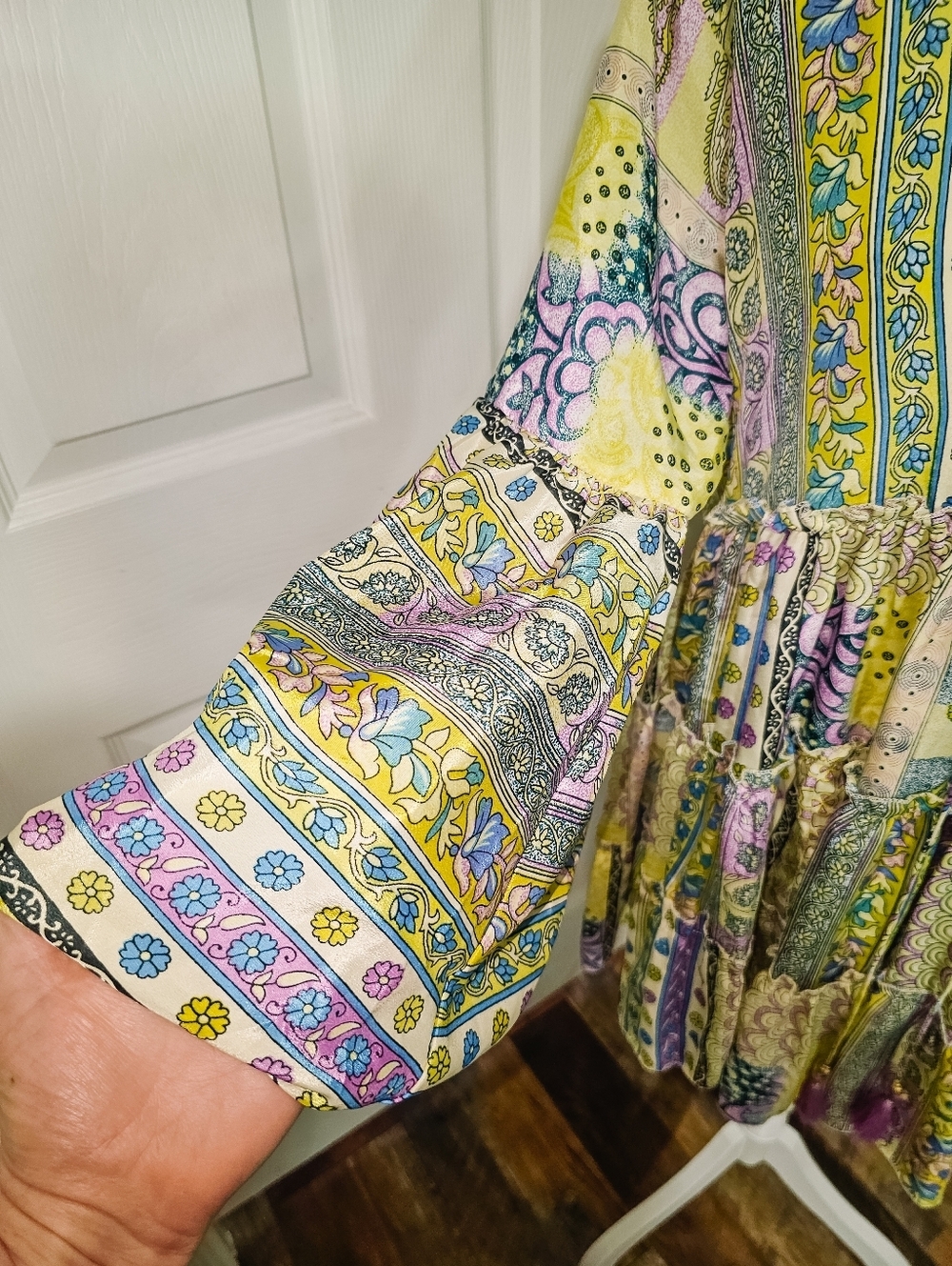 Zury Silk Blend Patchwork Paisley Tunic Boho Resort Cover Up Tassel Free Size - Picture 5 of 11